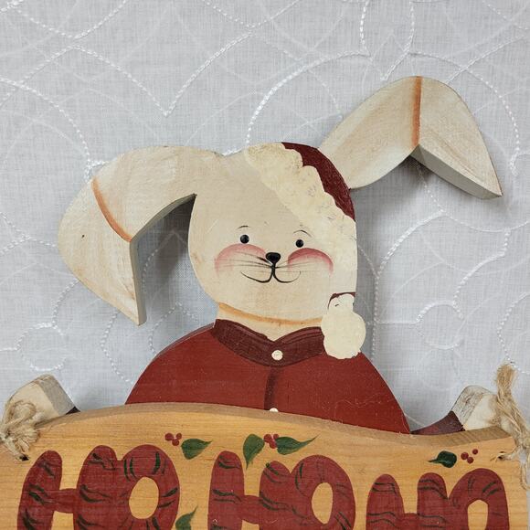 VINTAGE Bunny Santa Claus Ornament 15" HO HO HO Handmade Folk‎ Art Christmas - Picture 12 of 13